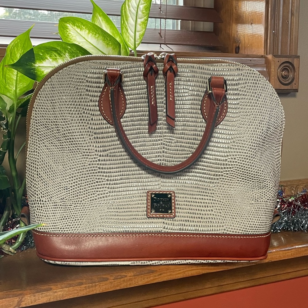 DOONEY & BOURKE ZIP ZIP SNAKE EMBOSSED LEATHER SATCHEL. GRAY/BROWN. BRAND NEW.